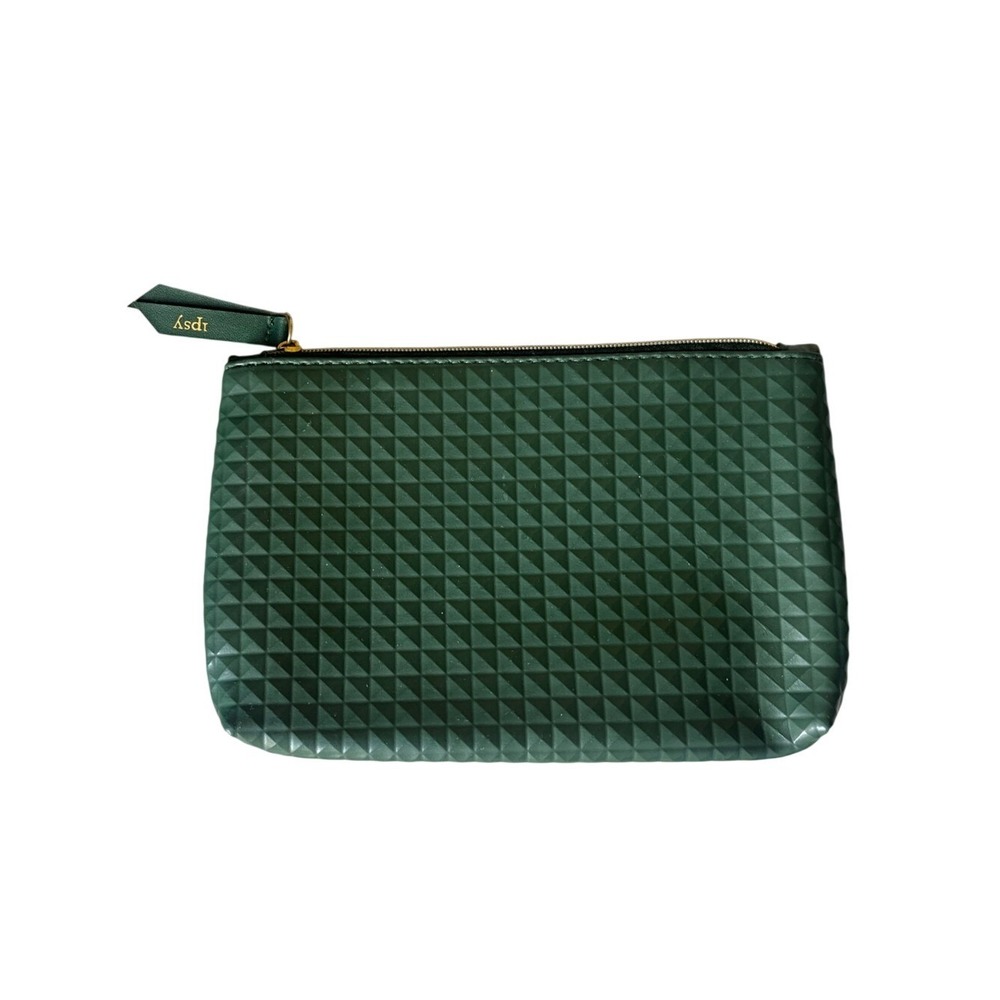 ipsy Forest Green Geometric Zip Pouch Cosmetics Bag Textured New